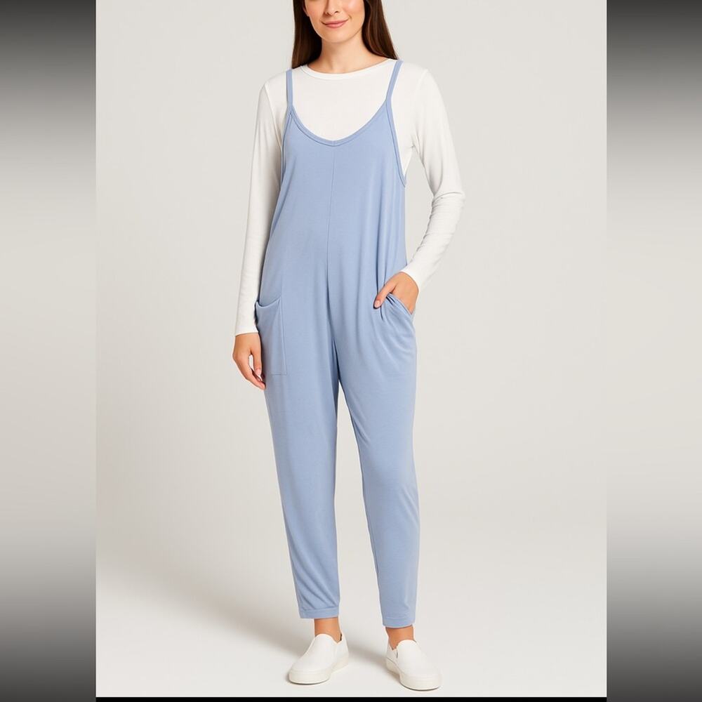 Sincerely Jules Cozy Soft Blue Jumpsuit with White Long Sleeve Top Size XL